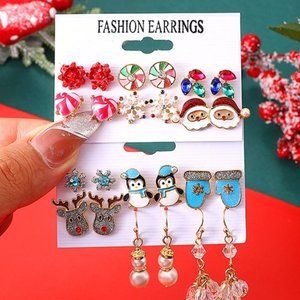 Christmas Earrings SET OF 12/ Santa earrings/ Snowman earrings/ Reindeer Earring